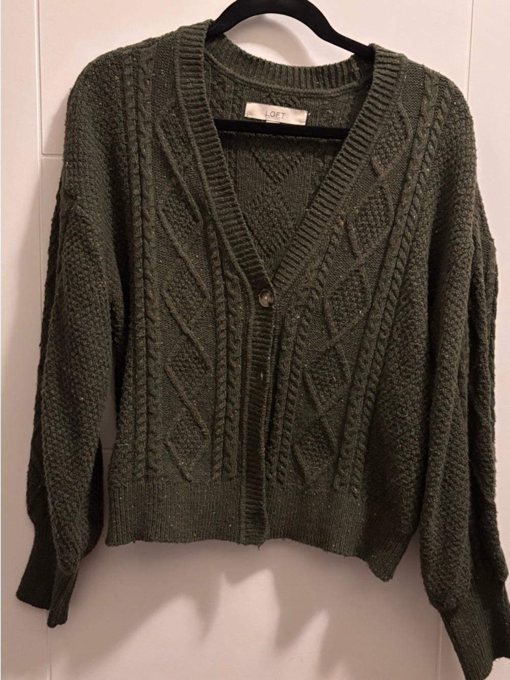 LOFT Olive Green Cable Knit Button-Front Cardigan